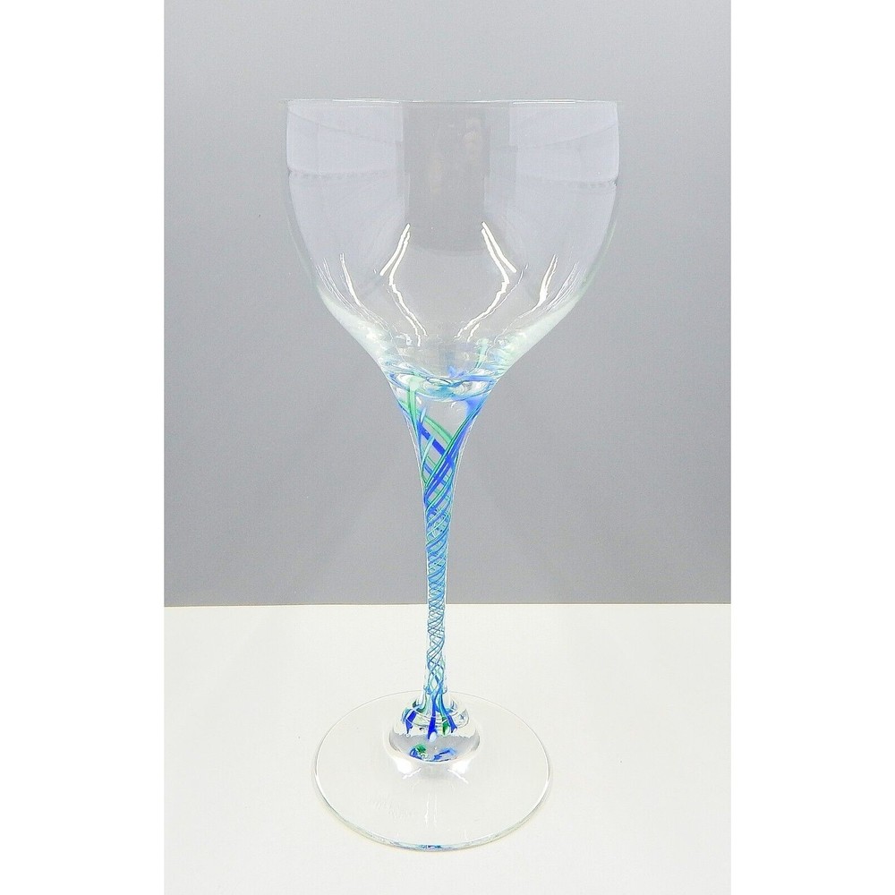 Alex Kalish Blue Latticino Stem Hand Blown Wine Glass Signed